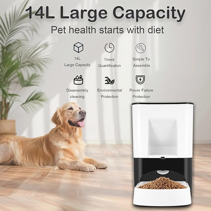 14L Large Automatic Dog Feeder for Large Breeds, Timed Pet Food Dispenser with Lock Lid, Voice Recording, Dual Power, Moisture-Proof Storage