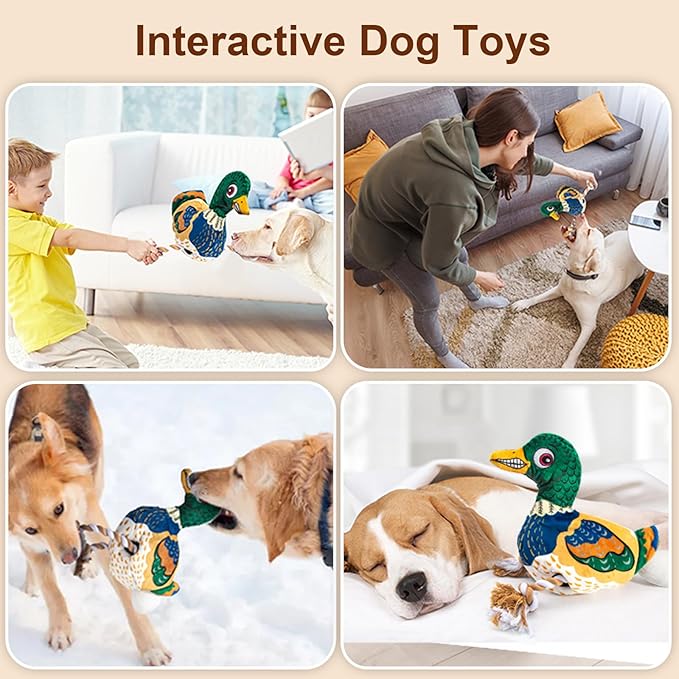 Duck Dog Toy – No Stuffing Durable Plush with Rope Legs & Crinkle Wings, Squeaky Duck Toy for Medium & Large Dogs, Tough Chew Toy for Interactive Tug & Fetch Play