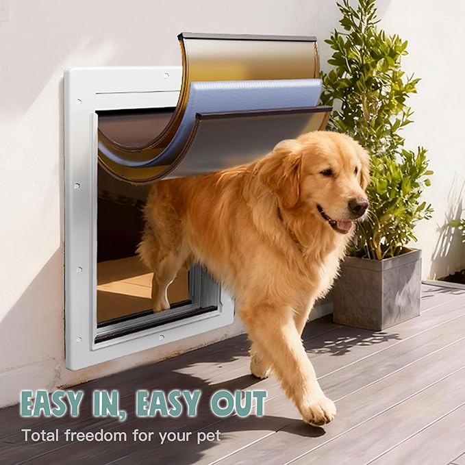 3-Flap Dog Door, Large Doggy Door for Wall, Never Rust Plastic Wall Dog Door, Telescoping Tunnel, Magnetic Flaps, Insulation Flap, Closing Panel, Pet Door for Pets Up to 110 Pounds