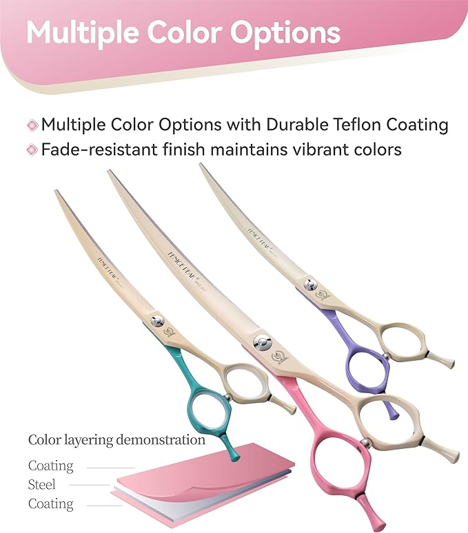 Fenice Peak Curved Dog Grooming Scissors with Coating 440C Stainless Steel, 7 inch Professional Curved Shears Dog Grooming,25 Degree of Curved Blade,Pet Shears for Trimming Face and Paws, Pink & White
