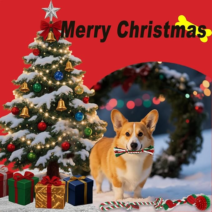 Christmas Dog Toys 15 Pack for Teeth Cleaning and Fun, Puppy Teething Chew Toy with Gift Box, Tug Rope Balls & Rubber Rings Bulk– Variety Dog Gifts Set Reduce Anxiety & Save Furniture