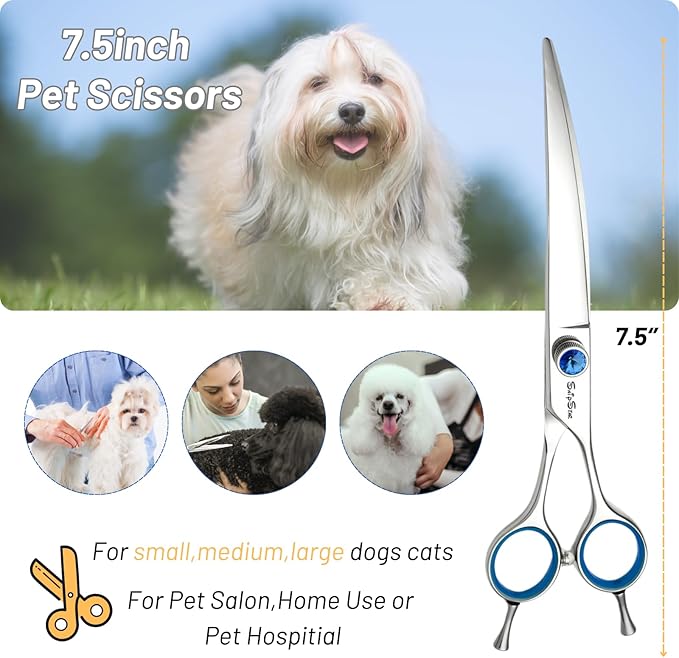7.5inch 25° Curved Dog Grooming Scissors Professional, Japanese VG10 Stainless Steel Sharp, Comfortable Dog Scissors for Grooming Groomer, Ergonomic Handle, Pet Cutting Shears for Dogs Cats Face Paws