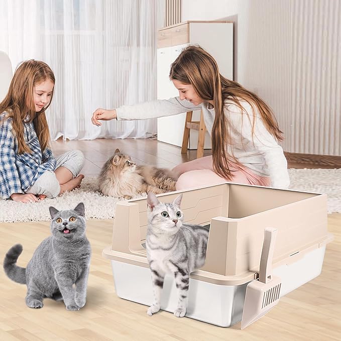 Extra Large Stainless Steel Litter Box, XXXL 27.6" H x 19.7" W x 11.8" H Metal High Sided Cat Litter Box with Scoop, Leak-Proof, Easy Clean for Big Cats/Multiple Cats (Khaki)