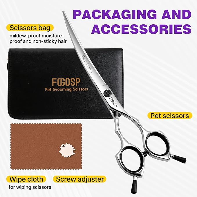 Curved Dog Grooming Scissors 7 in Curve Shears for Pet Dogs Pomeranian Cat Japan 440C 30°Arc Upward & Downward for Trimming Face and Paws at Home(7, Curved)