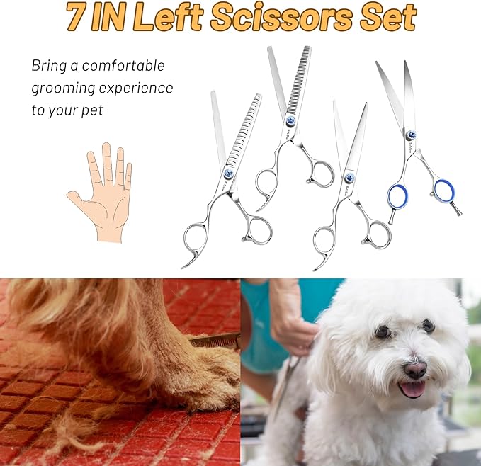 7 Inch Left Handed Straight & 30° Downward Curved Dog Grooming Scissors, Japanese VG10 Steel Professional Pet Shears, Dog Cutting Scissors with Safety Blunt Tip, Trimming Shearing for Dogs Cats