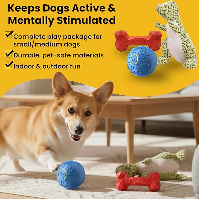 Fur4Fun 3-in-1 Interactive Dog Toy Play Set for Small & Medium Dogs – Self Rolling Ball, Durable Rubber Chew Bone & Squeaky Plush Dinosaur