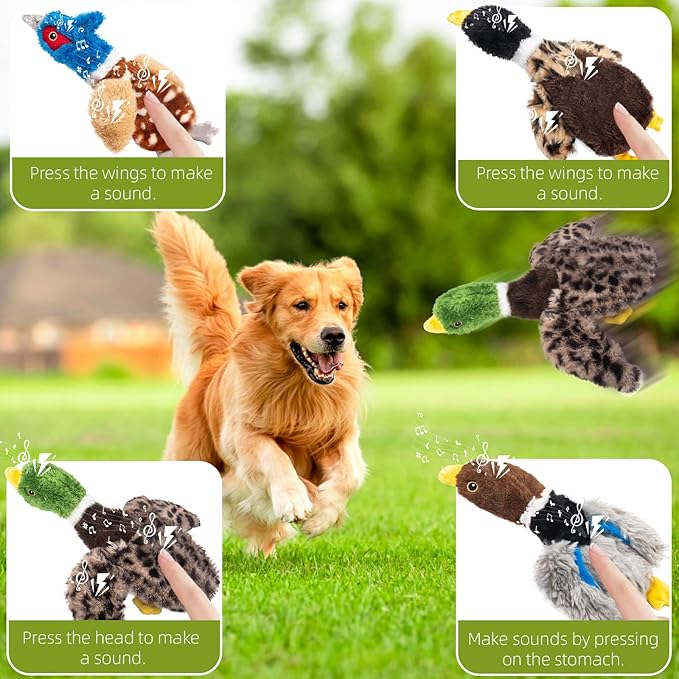 Extra-Plush Duck Dog Toy with 2 Squeakers & Crinkle ā No Stuffing Gentle Chewer Squeaker for Calming Play, Soft Toy for Puppies to Senior Dogs (Long Pile, Brown & Grey)