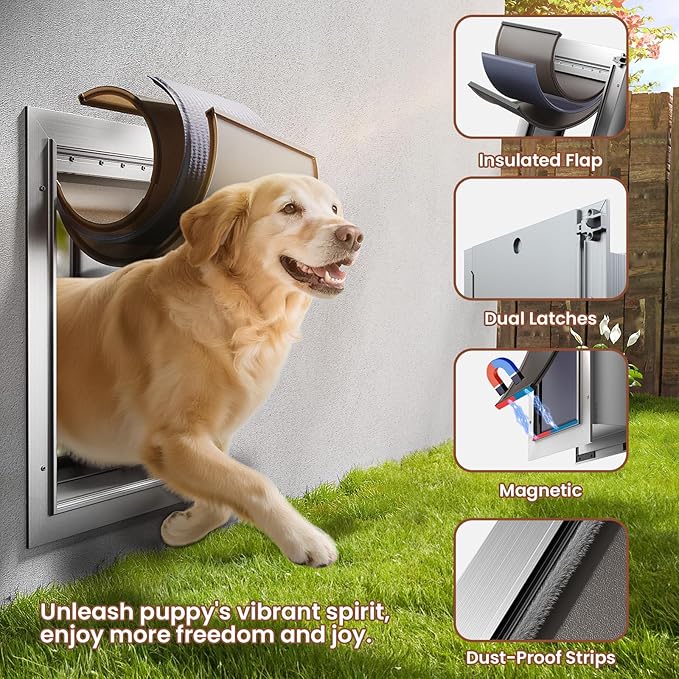 Dog Door for Wall, X-Large Dog Door with 3-Flap, Aluminum Doggie Door, Heavy Duty Pet Door with Lock, Telescoping Tunnel for Interior Exterior Wall, Pets Up to 220LB