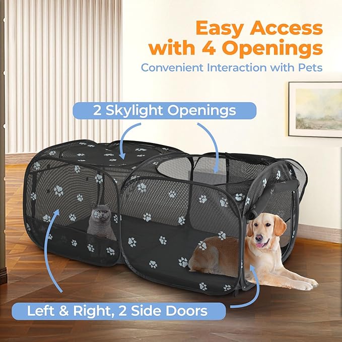 2-in-1 Dog Playpen 46.5''Pop Up Cat Pet Playpen, Assembly-Free Indoor Outdoor Kitten Enclosure, Breathable Cat Cage Portable Puppy Tent Crates Kennel for Small Animals(No Divider, Unified Space)