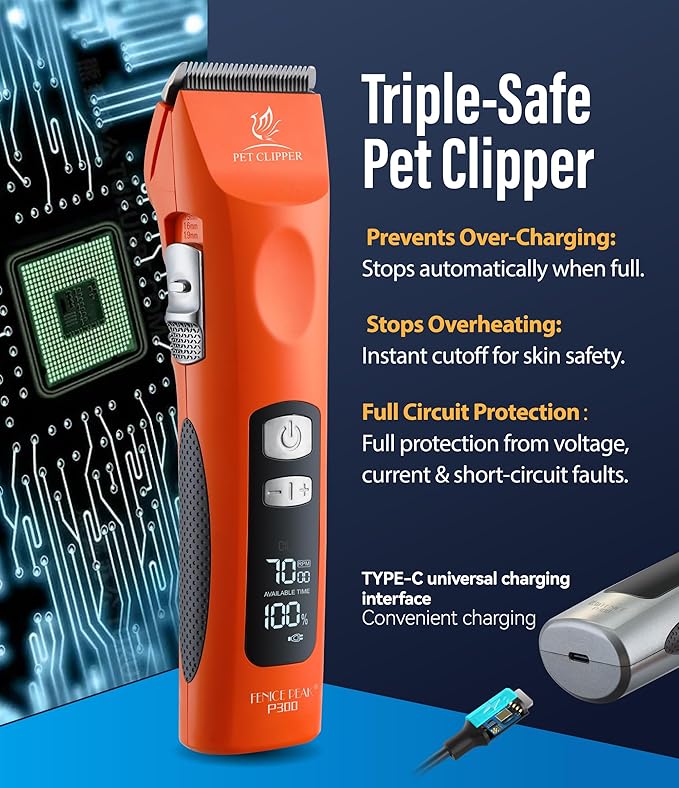 Professional Dog Grooming Clippers with 17H Runtime & Replaceable 440C Blade, 5-Speed Low Noise Electric Dog Shaver for Thick, Matted, Curly Hair, Cordless Clipper for Groomer & Home Use, Orange