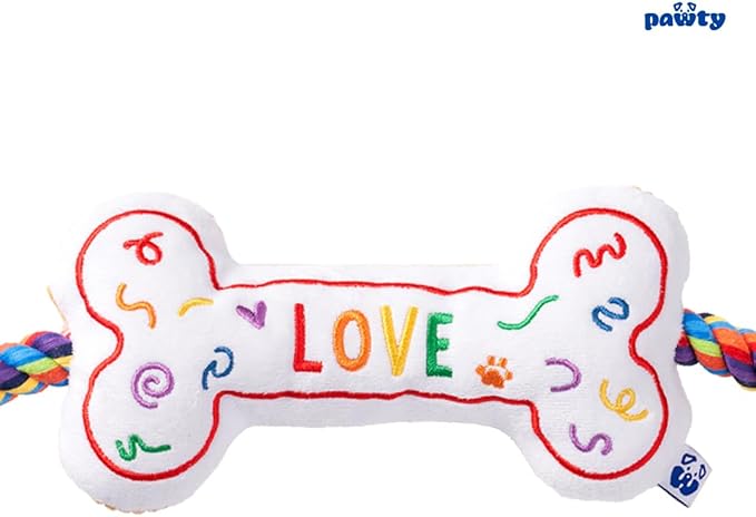 Love Bone Interactive Dog Toy - Interactive Tug Rope Pet Toy - Cute Unique Design Party Pride Love Gift - Small Medium Puppy - Durable Chew Resistant Plush with Squeaker for Teething