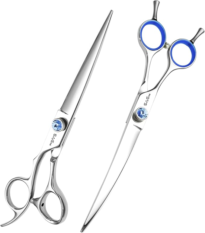 7 Inch Left Handed Straight & 30° Downward Curved Dog Grooming Scissors, Japanese VG10 Steel Professional Pet Shears, Dog Cutting Scissors with Safety Blunt Tip, Trimming Shearing for Dogs Cats