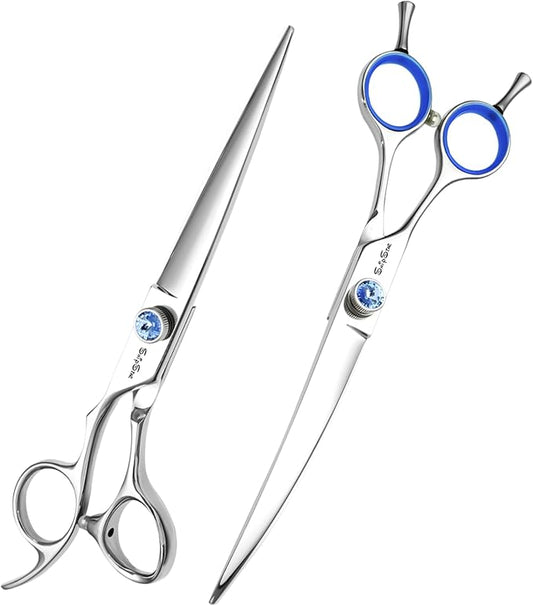 7 Inch Left Handed Straight & 30° Downward Curved Dog Grooming Scissors, Japanese VG10 Steel Professional Pet Shears, Dog Cutting Scissors with Safety Blunt Tip, Trimming Shearing for Dogs Cats