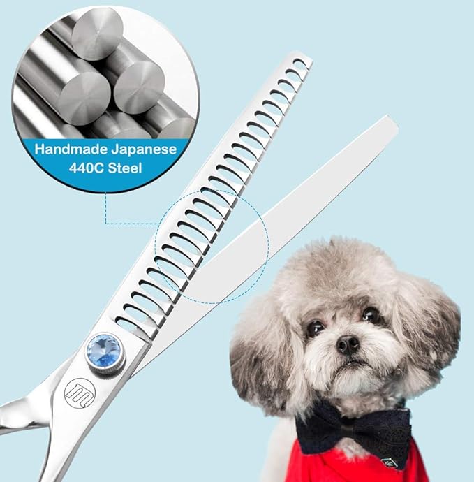 Moontay Professional Dog Grooming Straight, Curved, Thinning/Blending/Chunking Scissors Kit, JP-440C Stainless Steel Pet Cat Hair Cutting/Trimming Shears, Silver (7.5" (24-Tooth))