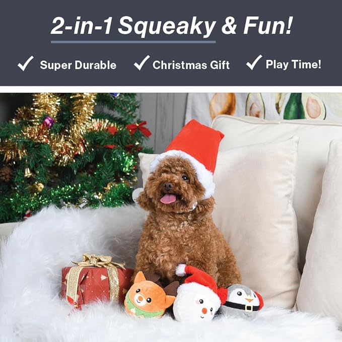 HugSmart - Squeaky Dog Toys | 3-Pack Joyful Spiky Balls for Small, Medium, Large Breeds (Happy Woofmas Series) No Stuffing, Interactive Toss and Fetch Plush