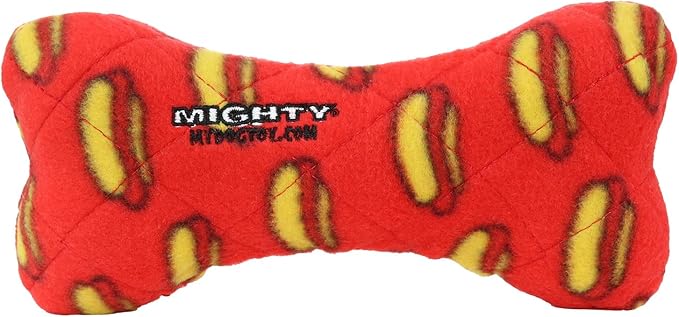 MIGHTY- NO Stuff Bone– Squeaky Plastic Core. 2-in-1 Toy. Made Durable, Strong & Tough. Interactive Play Dog Toy (Tug, Toss & Fetch). It Floats. (Red, Medium)