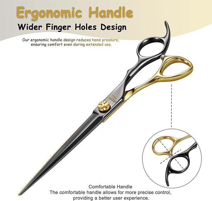 7'' Black & Gold Dog Grooming Scissors Set with Comb Curved Thinning Chunker Straight Shears 4PCS in Scissors Bag 440C Stainless Steel Sharp and Durable for Groomers and Beginners.