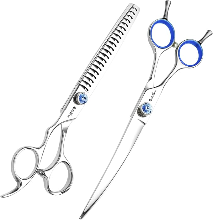 7 Inch Left Handed 30° Curved & 18 Teeth Chunker Dog Grooming Scissors Set, Japanese VG10 Steel Professional Pet Shears, Dog Cutting Scissors with Safety Blunt Tip, Trimming Shearing for Dogs Cats