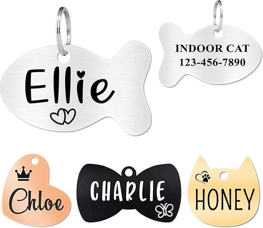 Ultra Joys Cat ID Tag Personalized Pet Tags, Durable Stainless Steel Small Pet Mini Dog Cat Tag Lightweight - Fish Tag in Silver