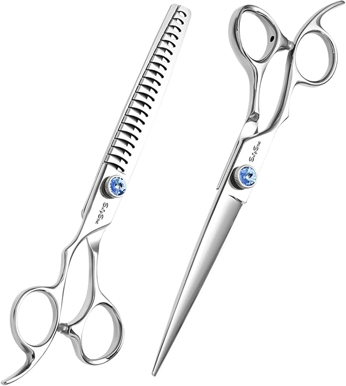 7 Inch Left Handed Dog Grooming Scissors Set, Japan VG10 Steel Professional Pet Shears, Straight & 18 Teeth Chunker Cutting Scissors for Dogs Cats, with Safety Blunt Tip, 65% Thinning Rate