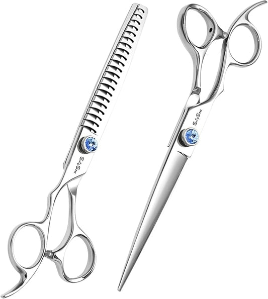 7 Inch Left Handed Dog Grooming Scissors Set, Japan VG10 Steel Professional Pet Shears, Straight & 18 Teeth Chunker Cutting Scissors for Dogs Cats, with Safety Blunt Tip, 65% Thinning Rate