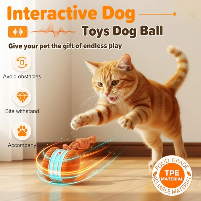 Interactive Dog Toy,2026 New Automatic Rolling Ball with Rope for Cat, Durable Dogs Rope Toy for Chewing and Playing, Dogs Ball Toy for Puppy Cats (Orange+Blue)