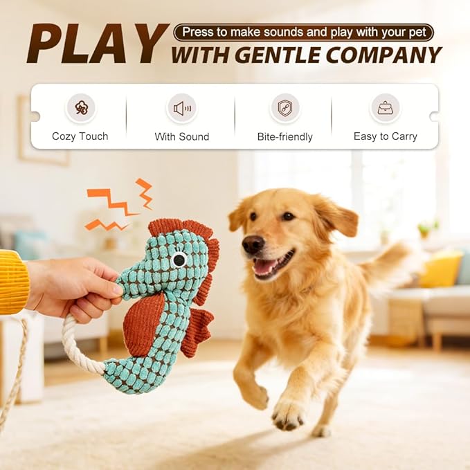 Indestructible Lush Squeaky Toys Indestructible Chew Toy, New Durable Plush Dog Toys for Aggressive Chewers, for Small Medium Large Dogs (Purple Seahorse)