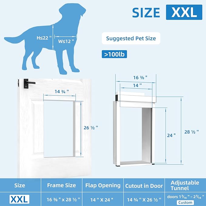 Extra-Large Electronic Dog Door,Pet Automatic Door Smart Aluminum Dog Door with Doorbell Activated Auto Lift, Lockable Weatherproof Telescoping Tunnel for Pets (XXL)