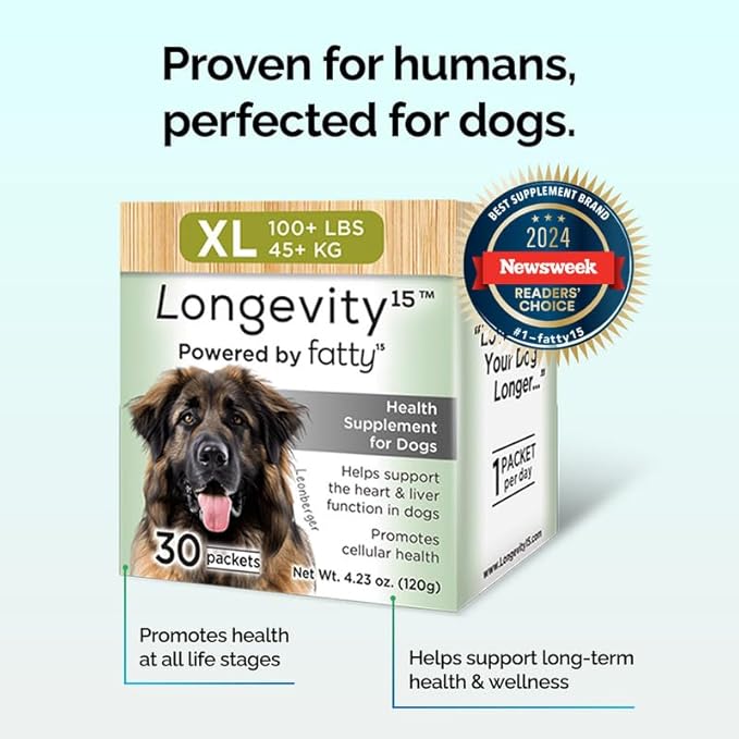 Longevity15 C15:0 Dog Health Supplement (30-Day Supply) & Yummy Combs Dog Dental Treats (8oz Bag) for Medium Dogs – C15:0 Fatty Acid for Daily Wellness, Food Topper – VOHC Approved Oral Care Treat