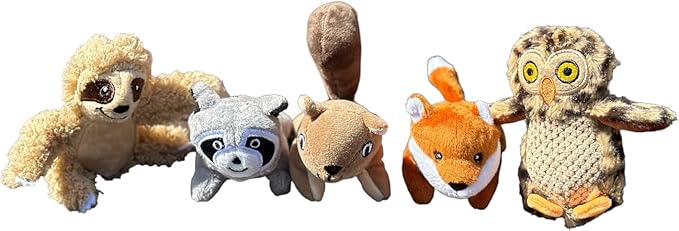 Glow Pups Hide and Seek Dog Toy, Stuffed Animal Tree House, Burrow Dog Toy, Squeaky Hide and Seek. (5 Pack - Squirrel, Fox, Sloth, Raccoon, Owl, Replacement Animals)