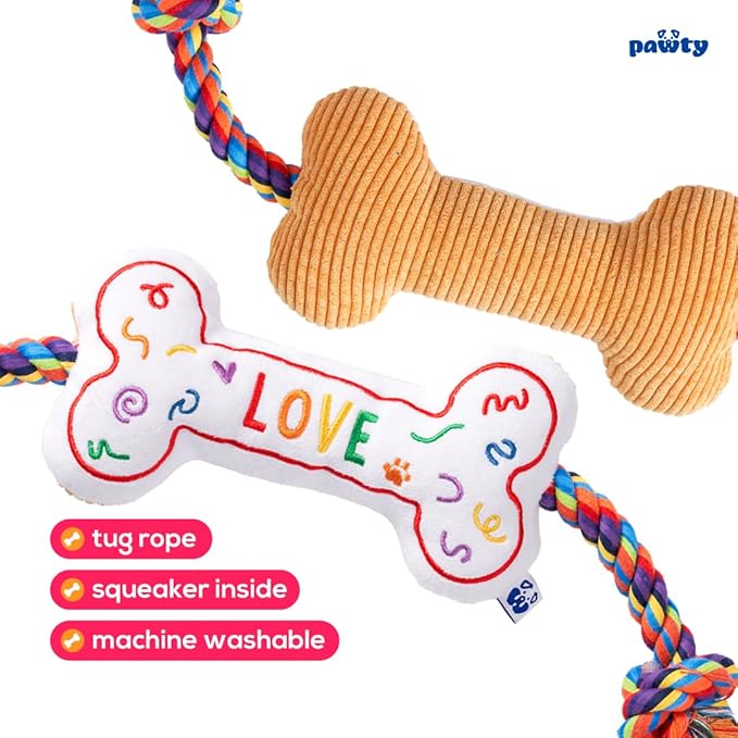 Love Bone Interactive Dog Toy - Interactive Tug Rope Pet Toy - Cute Unique Design Party Pride Love Gift - Small Medium Puppy - Durable Chew Resistant Plush with Squeaker for Teething