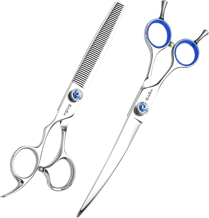 7 Inch Left Handed 50 Teeth Chunker & 30° Curved Dog Grooming Scissors, Japan VG10 Steel Professional Pet Shears, Cutting Scissors for Dogs Cats, with Safety Noiseless Blunt Tip, 30% Thinning Rate