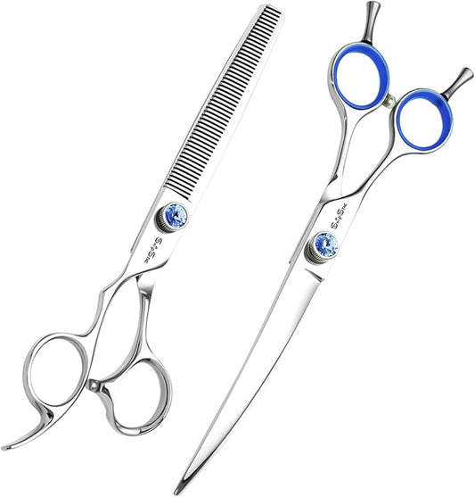 7 Inch Left Handed 50 Teeth Chunker & 30° Curved Dog Grooming Scissors, Japan VG10 Steel Professional Pet Shears, Cutting Scissors for Dogs Cats, with Safety Noiseless Blunt Tip, 30% Thinning Rate