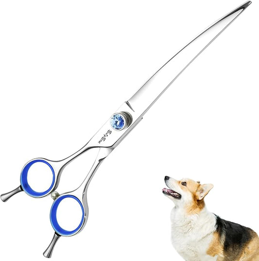 7 Inch Left Handed Curved Dog Grooming Scissors, 30° Downward Bend, Japanese VG10 Steel Professional Pet Shears, Dog Cutting Scissors with Safety Blunt Tip, Trimming Shearing for Dogs Cats