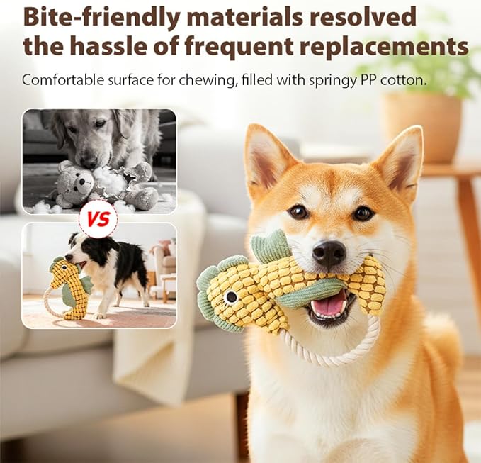 Indestructible Lush Squeaky Toys Indestructible Chew Toy, New Durable Plush Dog Toys for Aggressive Chewers, for Small Medium Large Dogs (Green Seahorse)