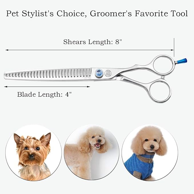 Moontay Professional Dog Grooming Straight, Curved, Thinning/Blending/Chunking Scissors Kit, JP-440C Stainless Steel Pet Cat Hair Cutting/Trimming Shears, Silver (8" (28-Serrated Tooth))