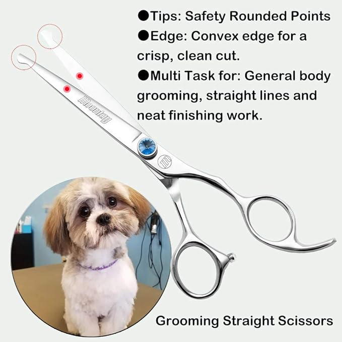 Moontay Professional Dog Grooming Straight, Curved, Thinning/Blending/Chunking Scissors Kit, JP-440C Stainless Steel Pet Cat Hair Cutting/Trimming Shears, Silver
