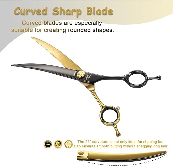 7.5'' Professional Curved Dog Grooming Scissors with Decorative Screw Sharp and Durable Black and Golden 440C Stainless Steel Dog Shears Easy Use for Groomers and Home User