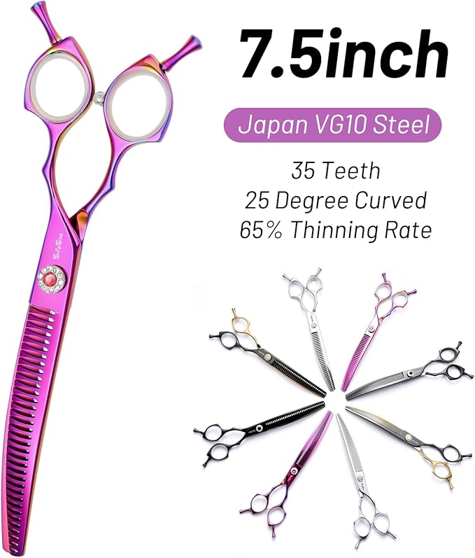 7.5in 25 Degree Curved Thinning Shears, VG10 Steel Sharp Dog Grooming Scissors Chunker, 35 Teeth Professional Pet Curved Blender, High-end Dog Trimming Scissors for Groomer or Home, 65% Thinning Rate