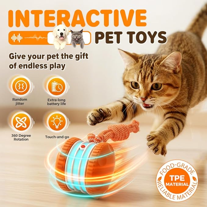 Interactive Dog Toys, 2026 Upgrade Self Moving Ball with Smart 360° Random Rotation, Chew Resistant Automatic Toy for Boredom, for Indoor Play on Tile Wood Floor Carpet (Orange 1PCS)