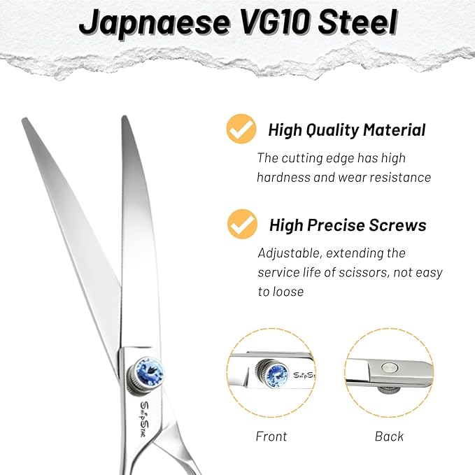 7 Inch Left Handed 50 Teeth Chunker & 30° Curved Dog Grooming Scissors, Japan VG10 Steel Professional Pet Shears, Cutting Scissors for Dogs Cats, with Safety Noiseless Blunt Tip, 30% Thinning Rate
