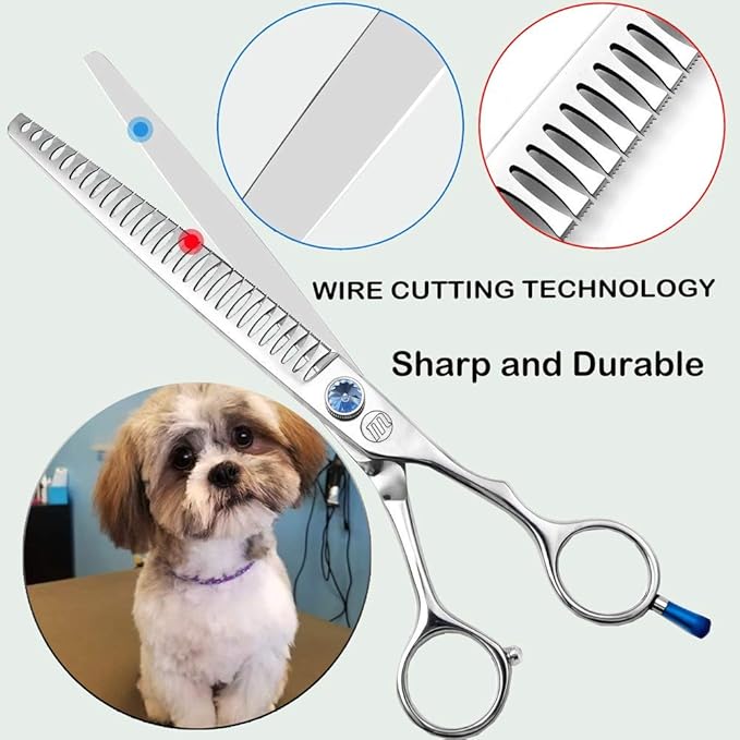 Moontay Professional Dog Grooming Straight, Curved, Thinning/Blending/Chunking Scissors Kit, JP-440C Stainless Steel Pet Cat Hair Cutting/Trimming Shears, Silver (8" (28-Serrated Tooth))