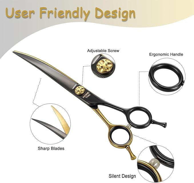 7.5'' Black & Gold Dog Grooming Scissors Set with Comb Curved, Straight, Chunker and Thinning Shears 4PCS in Scissors Bag 440C Stainless Steel Sharp and Durable for Groomers and Beginners