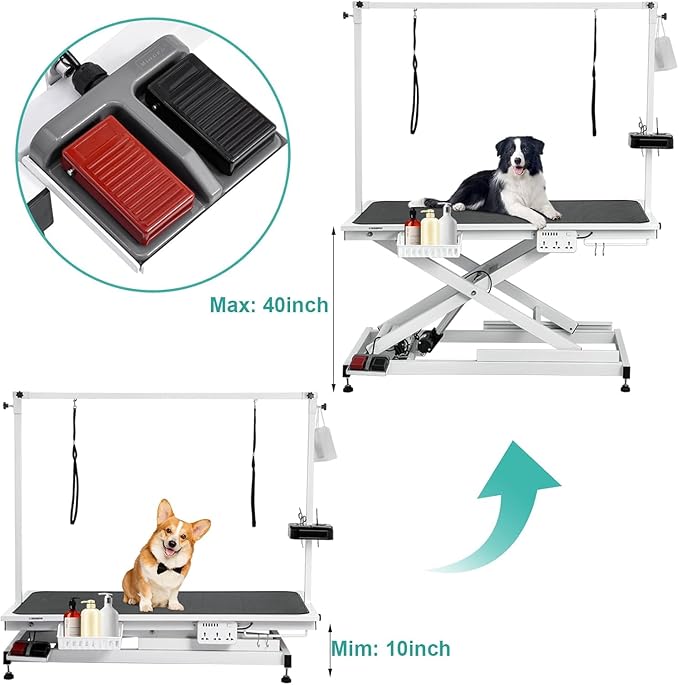 49'' Electric Dog Grooming Table, Ergonomic 400lbs Heavy Duty Grooming Table for Large Dogs at Home with 2 Nooses/Tool Organizer/Adjustable Arm/Foot Control (White)