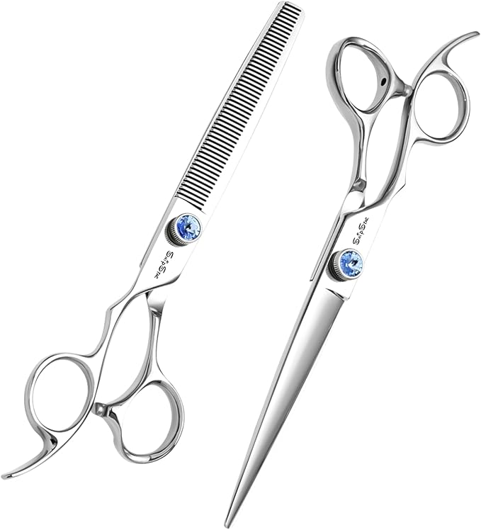 7 Inch Left Handed Dog Grooming Scissors, Japanese VG10 Steel Professional Pet Shears, Straight & 50 Teeth Dog Cutting Scissors Thinner with Safety Blunt Tip, Trimming Shearing for Dogs Cats