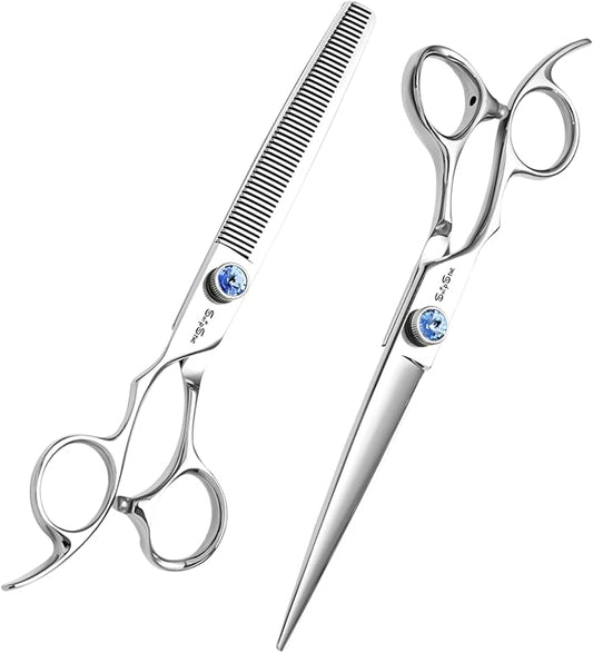 7 Inch Left Handed Dog Grooming Scissors, Japanese VG10 Steel Professional Pet Shears, Straight & 50 Teeth Dog Cutting Scissors Thinner with Safety Blunt Tip, Trimming Shearing for Dogs Cats