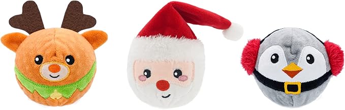 HugSmart - Squeaky Dog Toys | 3-Pack Joyful Spiky Balls for Small, Medium, Large Breeds (Happy Woofmas Series) No Stuffing, Interactive Toss and Fetch Plush