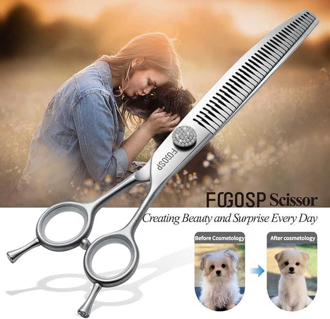 7.0'' Curved Chunkers Shears for Dog Grooming Professional Magic Grooming Scissors with Big Artificial Diamonds 30 Teeth for Large Dogs(7.0 in, Curved Chunkers)