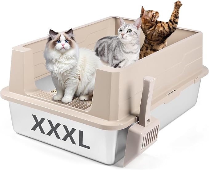 Extra Large Stainless Steel Litter Box, XXXL 27.6" H x 19.7" W x 11.8" H Metal High Sided Cat Litter Box with Scoop, Leak-Proof, Easy Clean for Big Cats/Multiple Cats (Khaki)