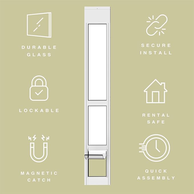 Hakuna Pets White Glass Patio Pet Door for Sliding Doors, Medium | Adjustable Height 77.2” – 83.5”, Damage-Free or Permanent Install, Locking Panel Included